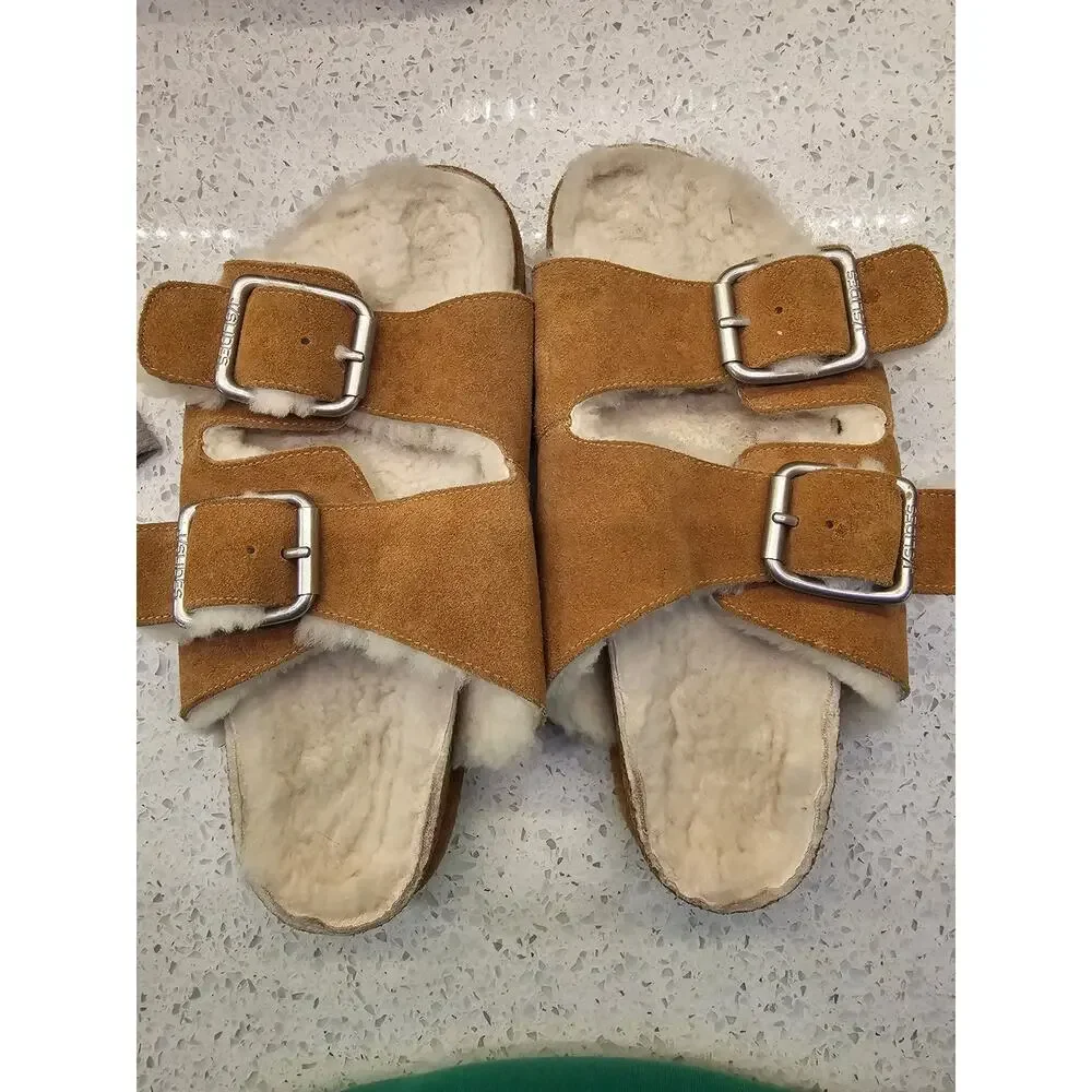 Anthropology J/Slides Lynx Cognac Suede Shearling Fur Lined Double Buckle Slides